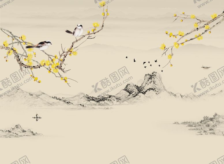 编号：37565310072343224823【酷图网】源文件下载-花鸟画山水风景银杏树背景墙