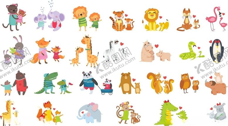 编号：86343909230555231068【酷图网】源文件下载-多彩卡通动物亲子大集合