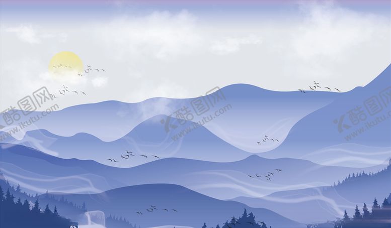 编号：79652105150704479104【酷图网】源文件下载-水墨山水大雁背景墙
