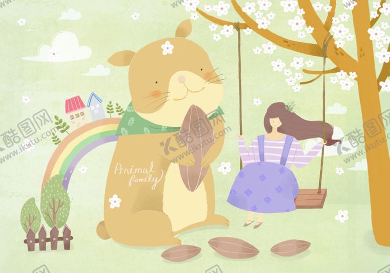 编号：48513809250948229512【酷图网】源文件下载-荡秋千女孩与小猫插画