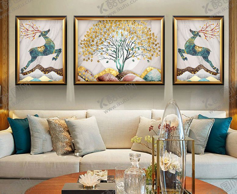 编号：78411709141629596318【酷图网】源文件下载-复古抽象麋鹿发财树客厅装饰画