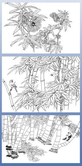 竹子秋葵白描画稿三幅