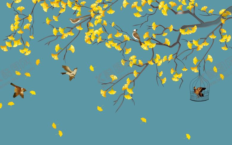 编号：49656909181301565972【酷图网】源文件下载-花鸟画银杏树背景墙