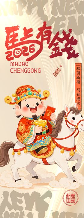 年画风格福娃骑马迎新春