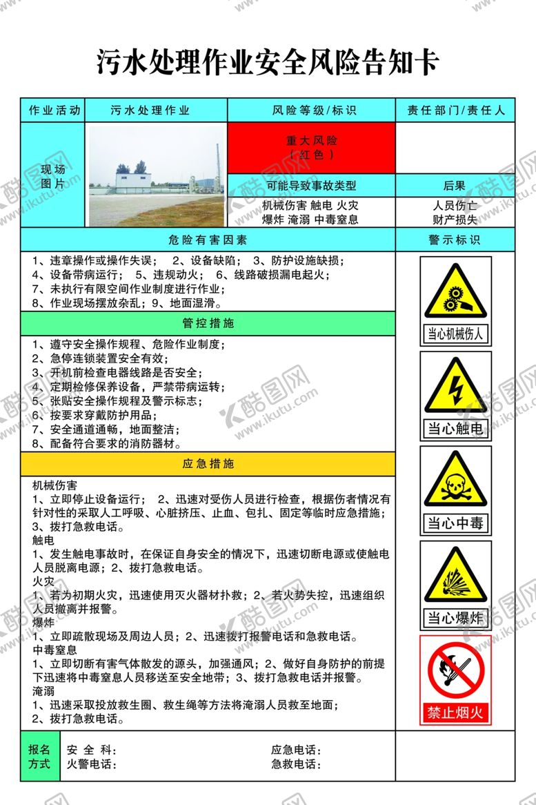 编号：95193409211954438756【酷图网】源文件下载-污水处理作业安全风险告知卡