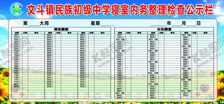 编号：26891402200915392817【酷图网】源文件下载-寝室内务整理检查公示栏