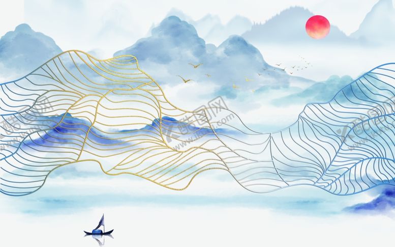 编号：75408510100037407043【酷图网】源文件下载-新中式抽象水墨山水线条背景墙