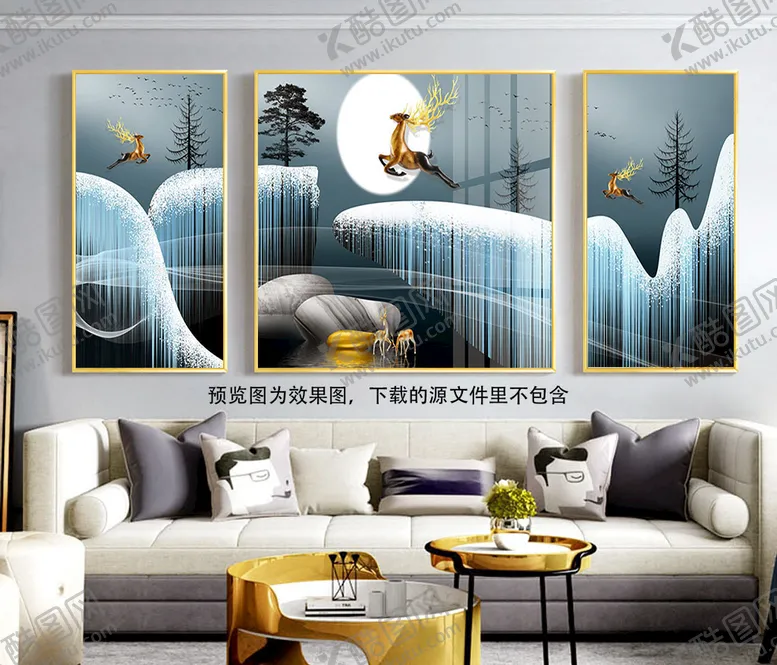 编号：78531710260015563288【酷图网】源文件下载-湖畔麋鹿山崖三联挂画装饰画