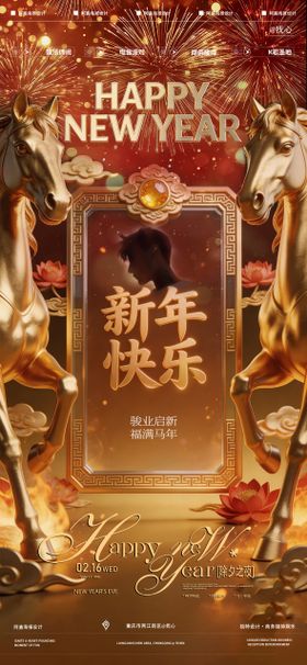 马年新年快乐红金海报