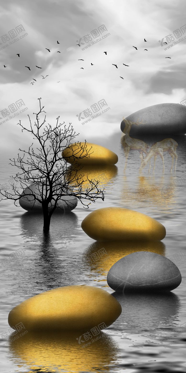 编号：14492409210947382550【酷图网】源文件下载-北欧麋鹿金色石头