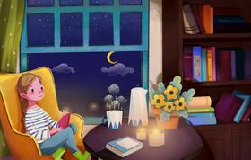 夜晚看书读书女孩插画