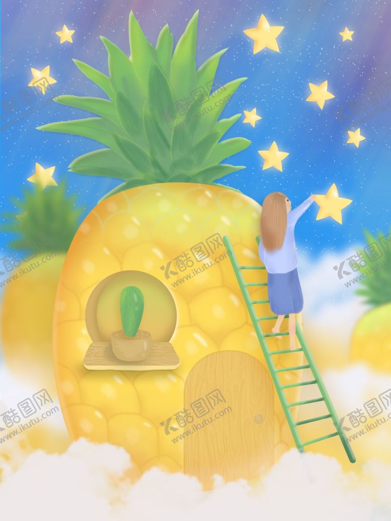 编号：29240409250115041891【酷图网】源文件下载-云中的菠萝摘星星的女孩