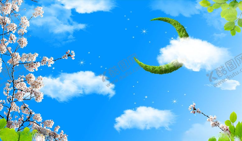 编号：91735305131308384802【酷图网】源文件下载-花鸟画蓝天白云背景墙