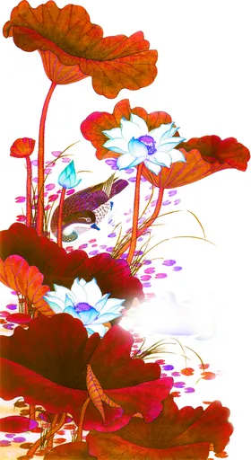 中国风荷叶荷花绘画