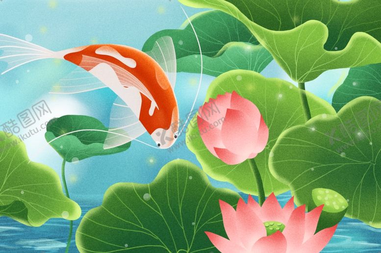 编号：28943005042311547384【酷图网】源文件下载-荷花锦鲤插画