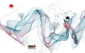 水墨画飘带小船背景墙