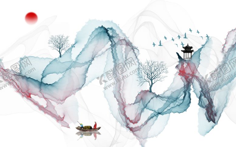 编号：17117810080120104321【酷图网】源文件下载-水墨画小船飘带背景墙