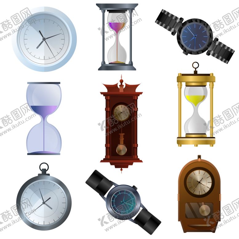 编号：33707509262030336738【酷图网】源文件下载-扁平风钟表手表插画元素