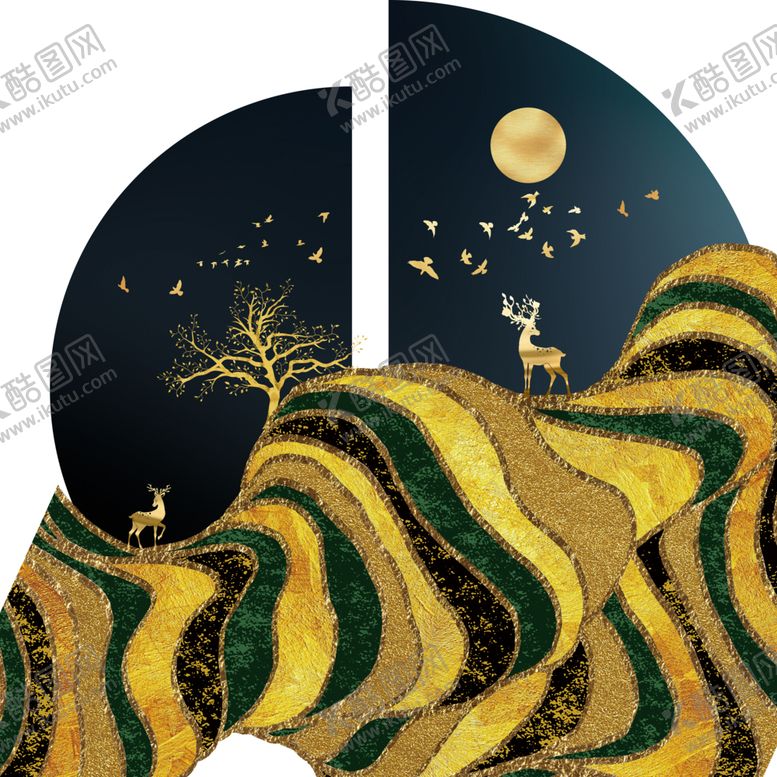 编号：29168406250412575574【酷图网】源文件下载-新中式鎏金山川月亮飞鸟装饰画