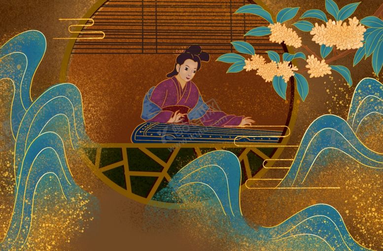 编号：36608204242255026272【酷图网】源文件下载-古典美女院中抚琴插画