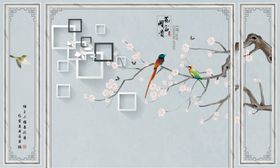 花鸟画手绘画鸟框框背景墙