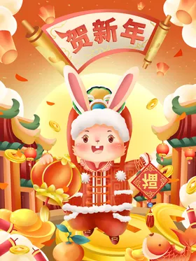 贺新年生肖兔2023兔兔春节国潮插画