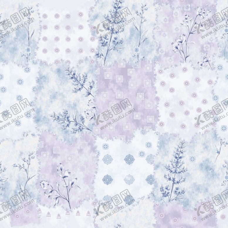 编号：58795804051324151328【酷图网】源文件下载-淡蓝紫花卉拼接水彩图案