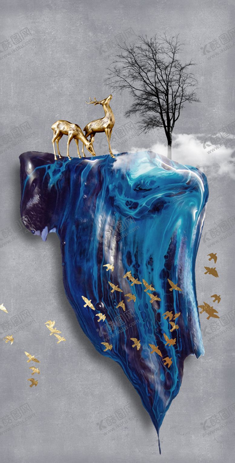 编号：91990910101034096431【酷图网】源文件下载-麋鹿飞鸟玄关装饰画素材