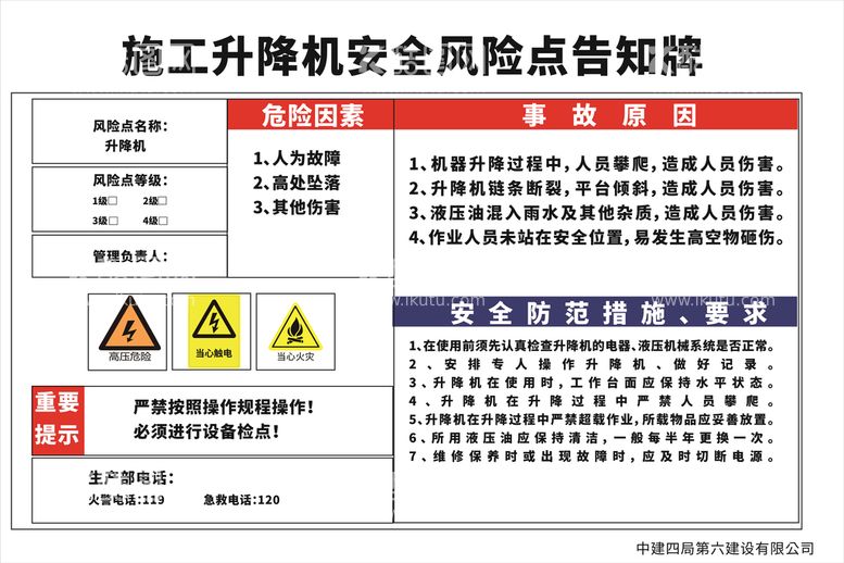 编号：33993311280435052356【酷图网】源文件下载-施工升降机安全风险点告知牌