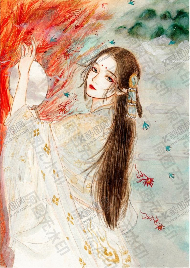 编号：48646906272057342922【酷图网】源文件下载-古风水彩纸扇美女