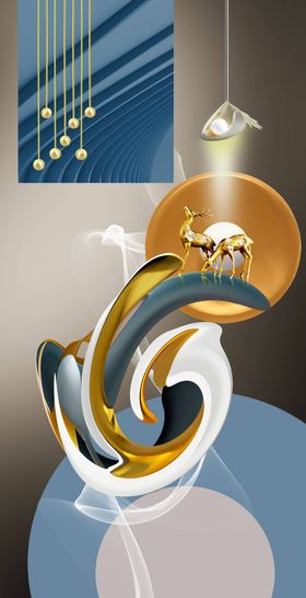 玄关装饰画新中式晶瓷发财鹿麋鹿