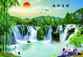 流水生财新中式山画背景墙新中式背景墙风景