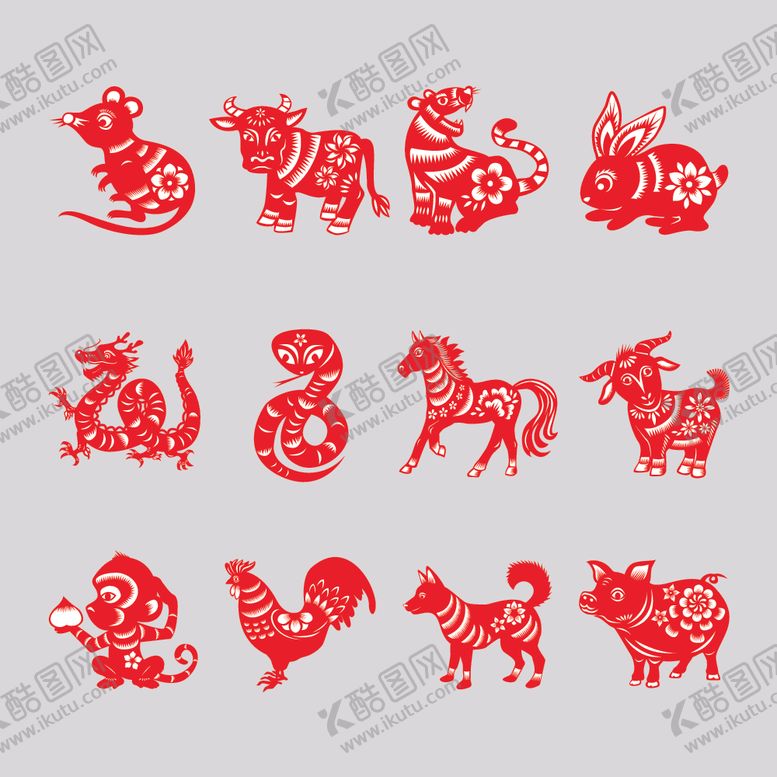 编号：31814609112250453585【酷图网】源文件下载-十二生肖剪纸图案展示