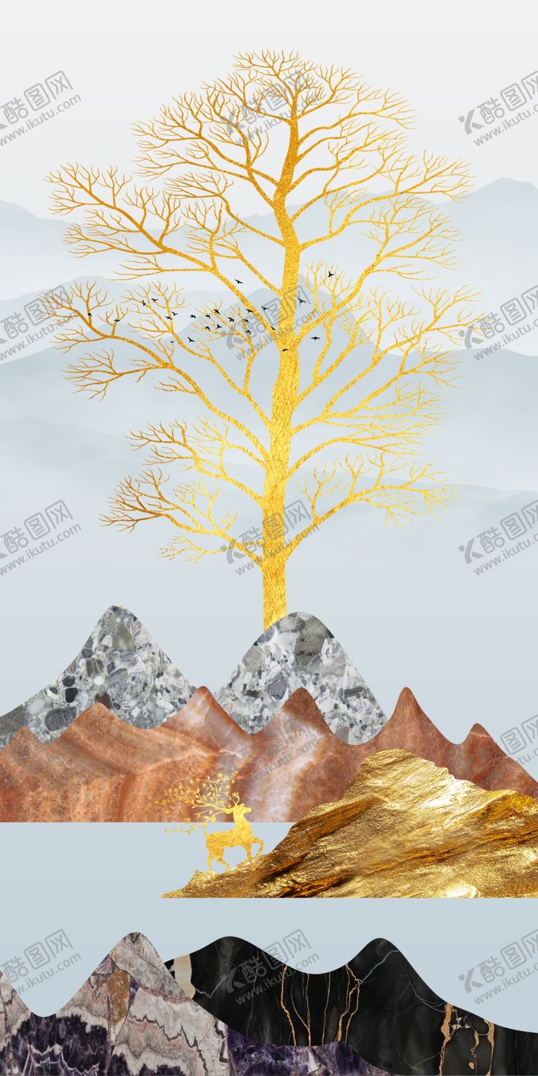 编号：10107406240314226917【酷图网】源文件下载-山水发财树玄关装饰画