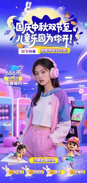 中秋紫色儿童乐园电玩城直播贴片背景