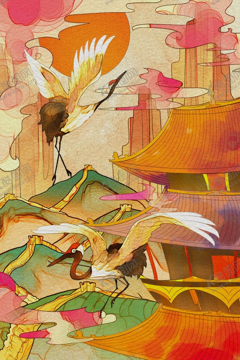 编号：82302609222158547776【酷图网】源文件下载-仙鹤国潮插画