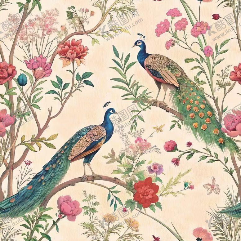 编号：51385504051205377697【酷图网】源文件下载-孔雀栖繁花间精美图案
