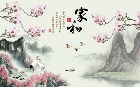 仙鹤国画客厅背景墙花鸟