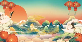 国潮背景包装盒山水云雾