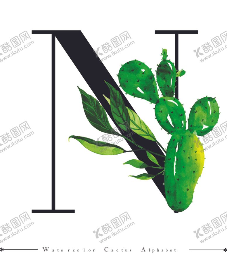 编号：45495311010507298154【酷图网】源文件下载-字母与水彩仙人掌组合字体