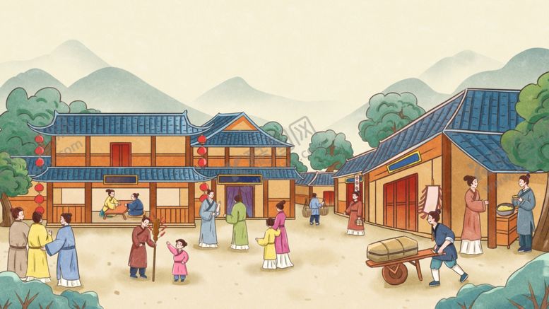 编号：55807307042025097057【酷图网】源文件下载-古村集市热闹场景
