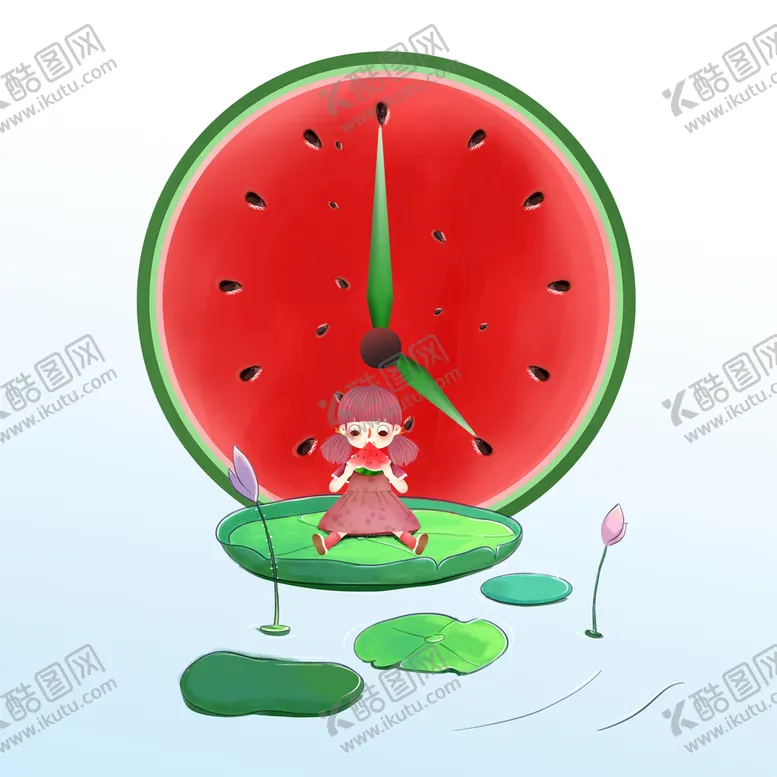 编号：58427009140226088457【酷图网】源文件下载-女孩吃西瓜夏天荷叶