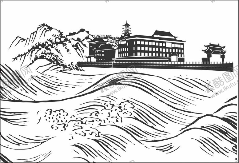 编号：84853510182336051520【酷图网】源文件下载-矢量手绘九宫山湖边饭店风景图