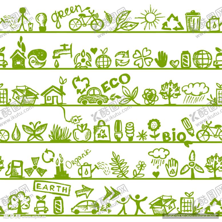 编号：44490711241442248346【酷图网】源文件下载-绿色环保主题手绘图标集合