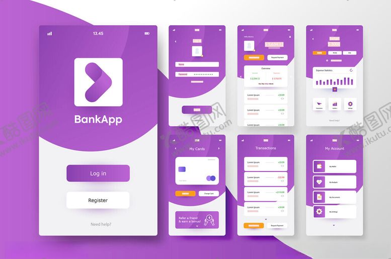编号：16641112191713307529【酷图网】源文件下载-紫色系APP界面设计展示
