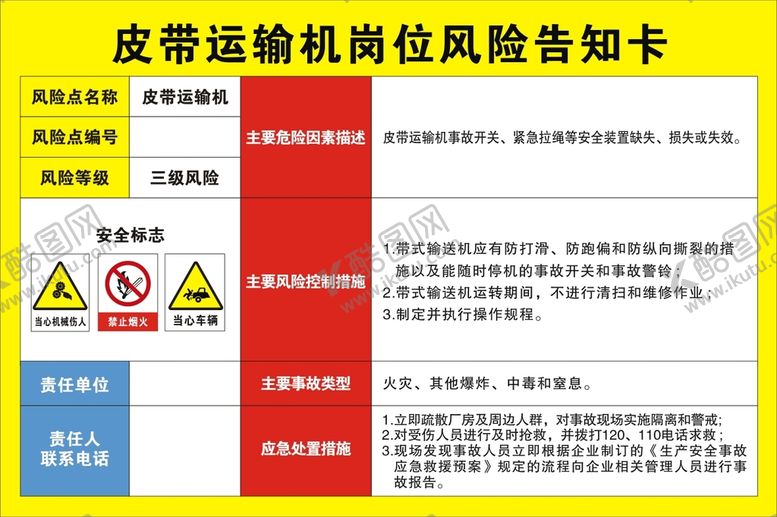 编号：40923810230002464723【酷图网】源文件下载-皮带运输机岗位风险告知卡