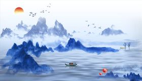 水墨山水小船大雁背景墙