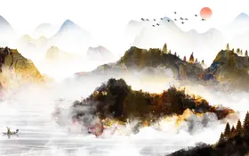 水墨山水海报背景画新中式画展图