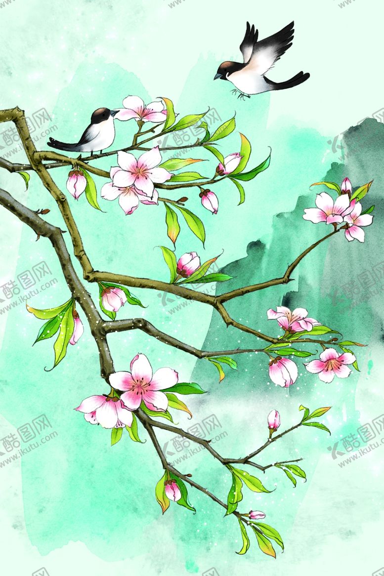 编号：57009306240514341449【酷图网】源文件下载-春季枝头清新插画背景素材