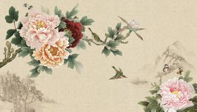 花鸟画牡丹飞鸟背景墙